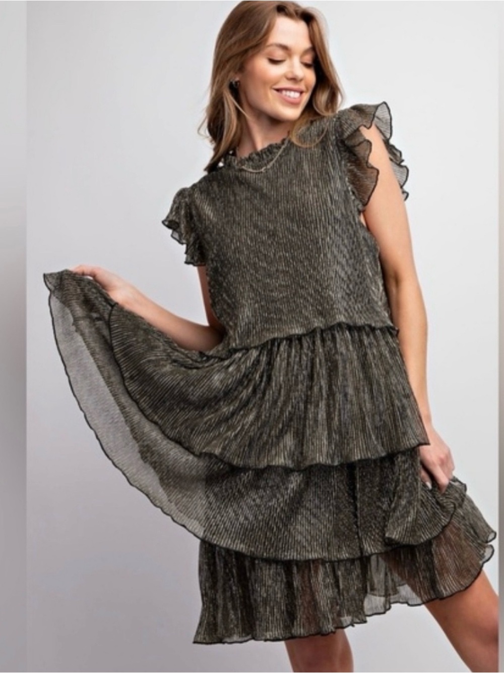 easel Metallic Black Gold Ruffle Tiered Mini Dress - Size Medium